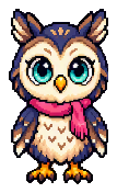 Ollie, a pixel owl with a pink scarf